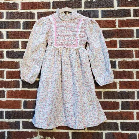 Vintage 70s girl's Polly Flinders hand smocked pink floral dress